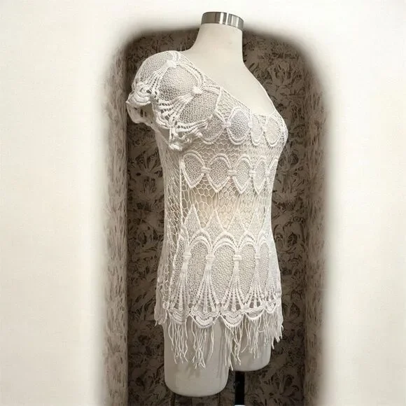 Vivid Imports Y2K Cream Crochet Woven Lace Top Shirt Small Knit - Picture 2 of 8